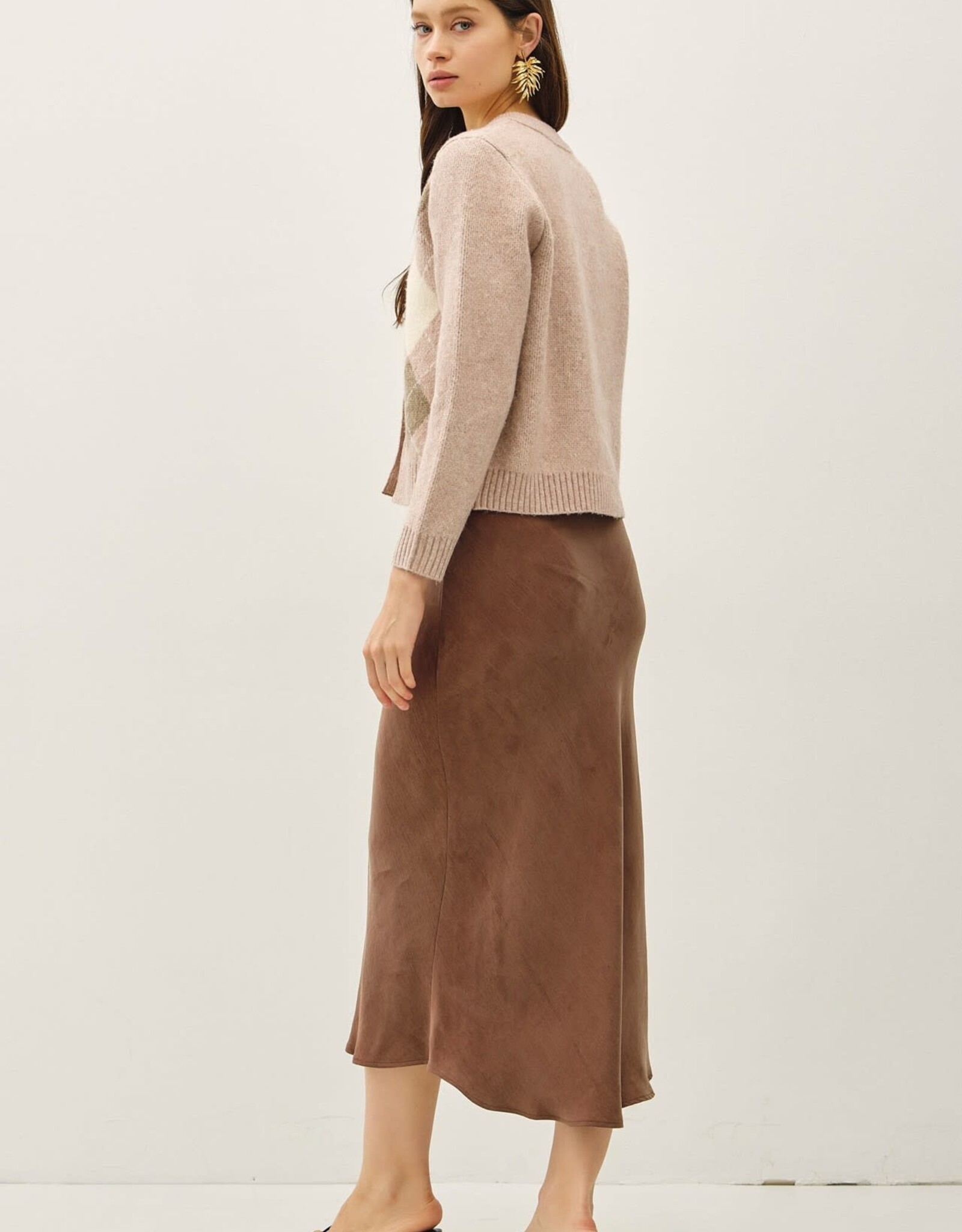 Miss Bliss BC Argyle Jacquard Round Neck Cardigan-Blush