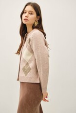 Miss Bliss BC Argyle Jacquard Round Neck Cardigan-Blush