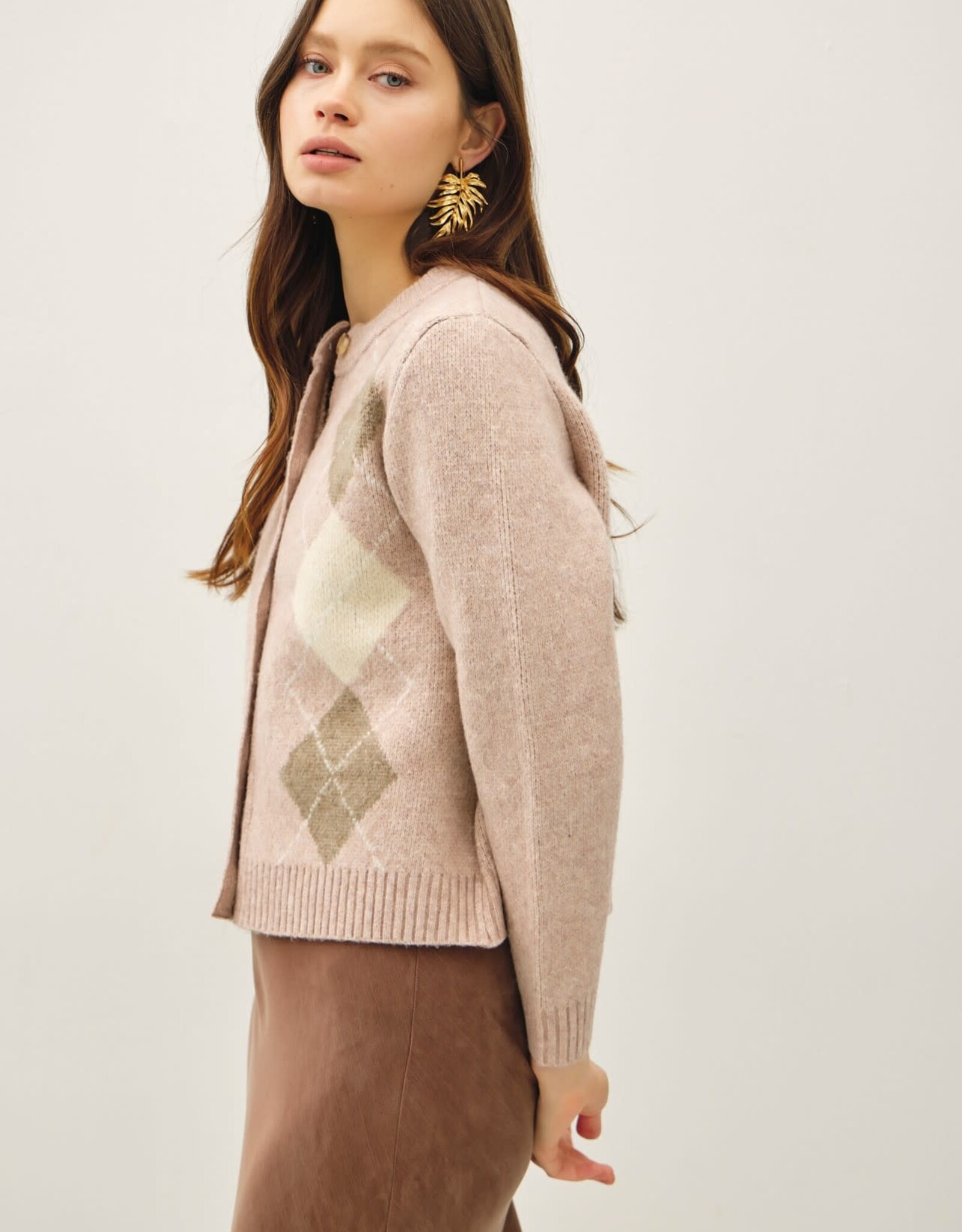 Miss Bliss BC Argyle Jacquard Round Neck Cardigan-Blush