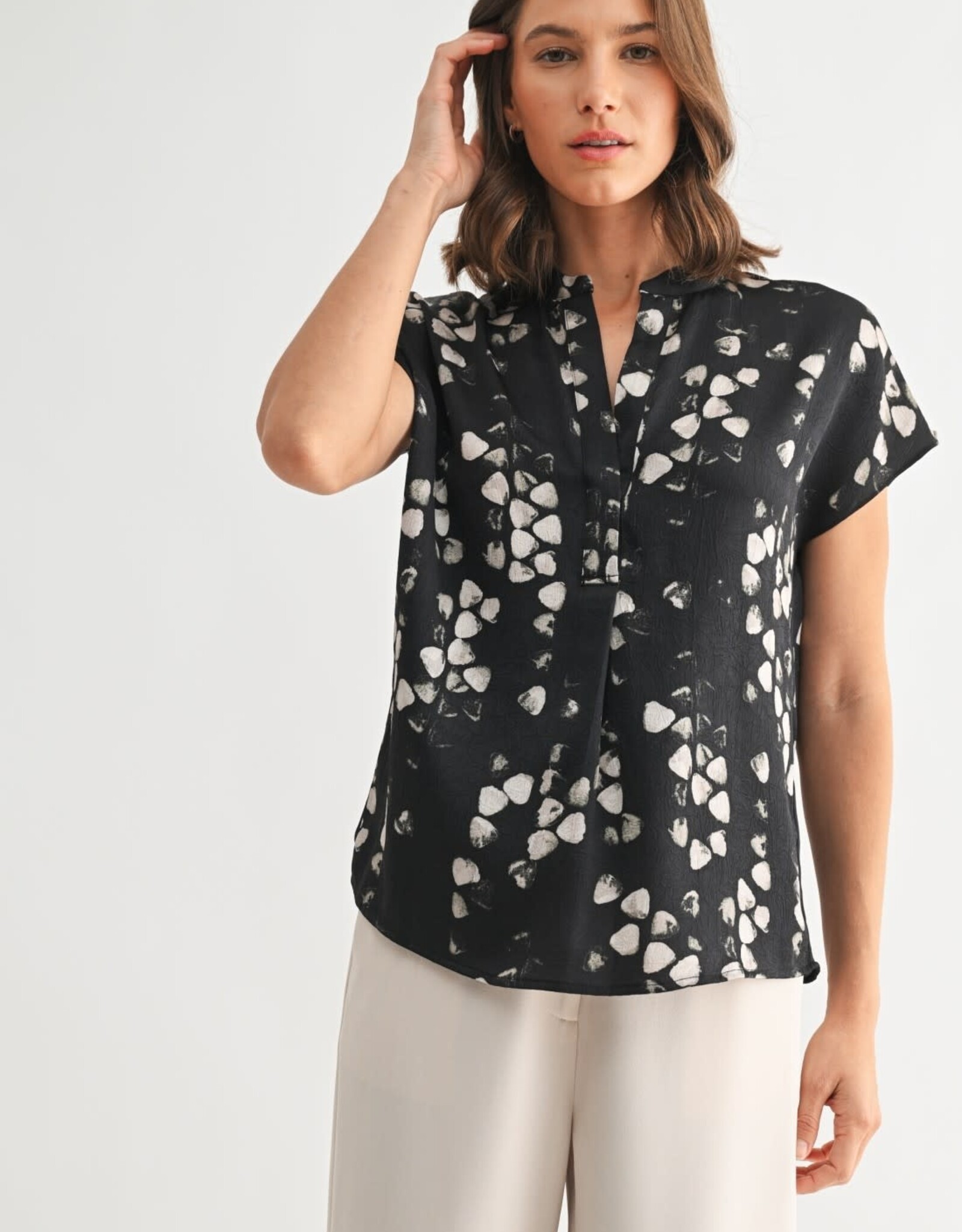 Miss Bliss F2F Abstract Print Dolman Shirt- Black