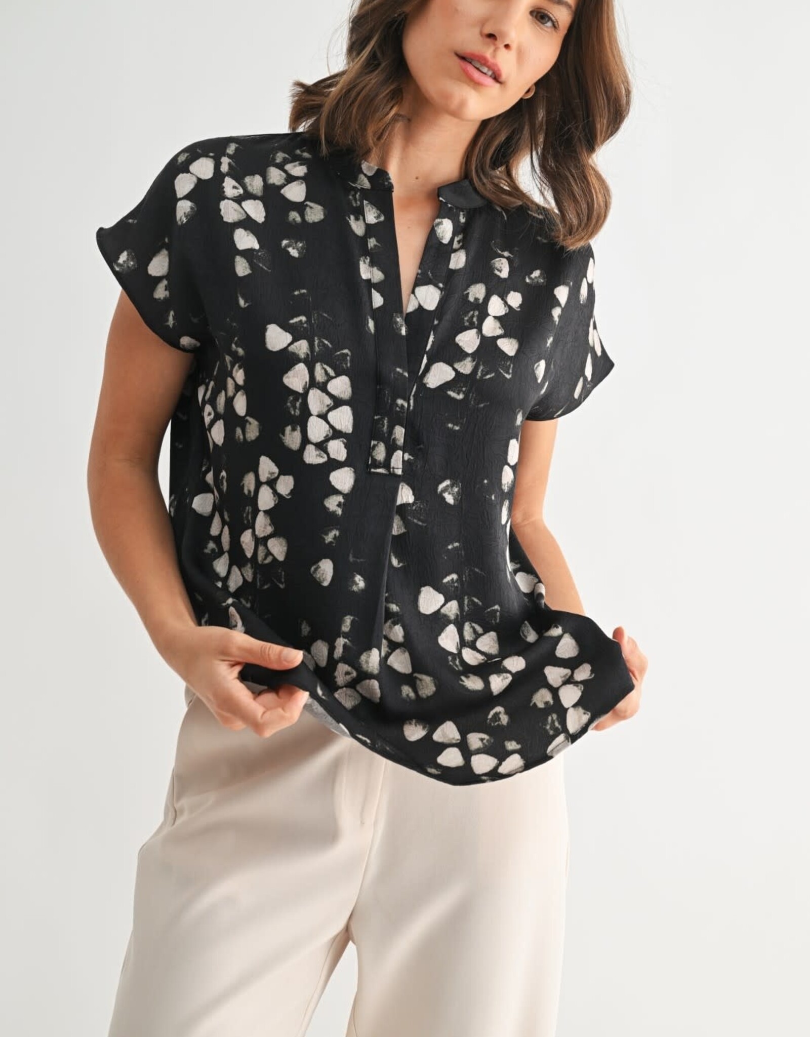 Miss Bliss F2F Abstract Print Dolman Shirt- Black