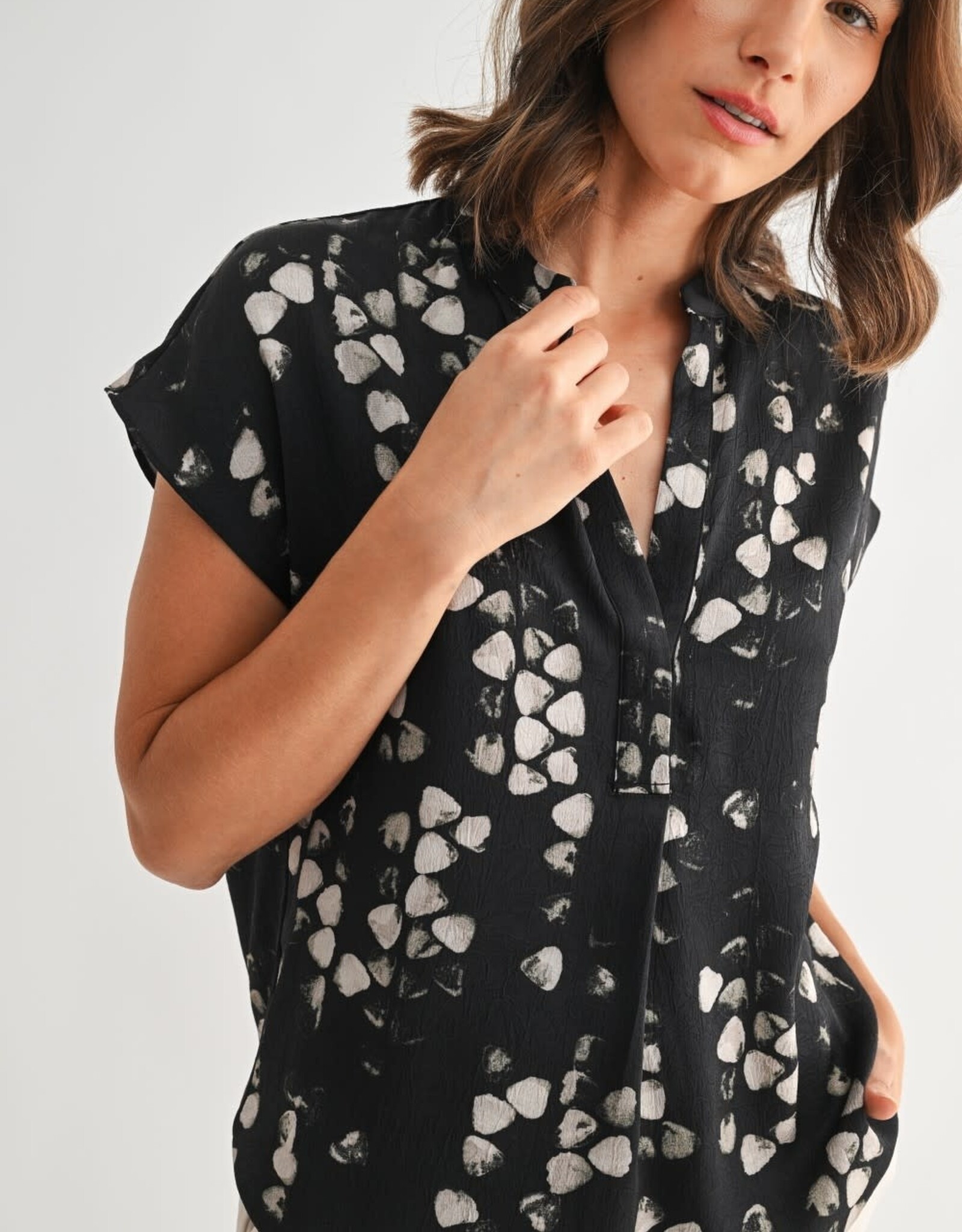 Miss Bliss F2F Abstract Print Dolman Shirt- Black