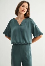 Miss Bliss F2F V Neck Balloon Sleeve Satin Top- Dark Green