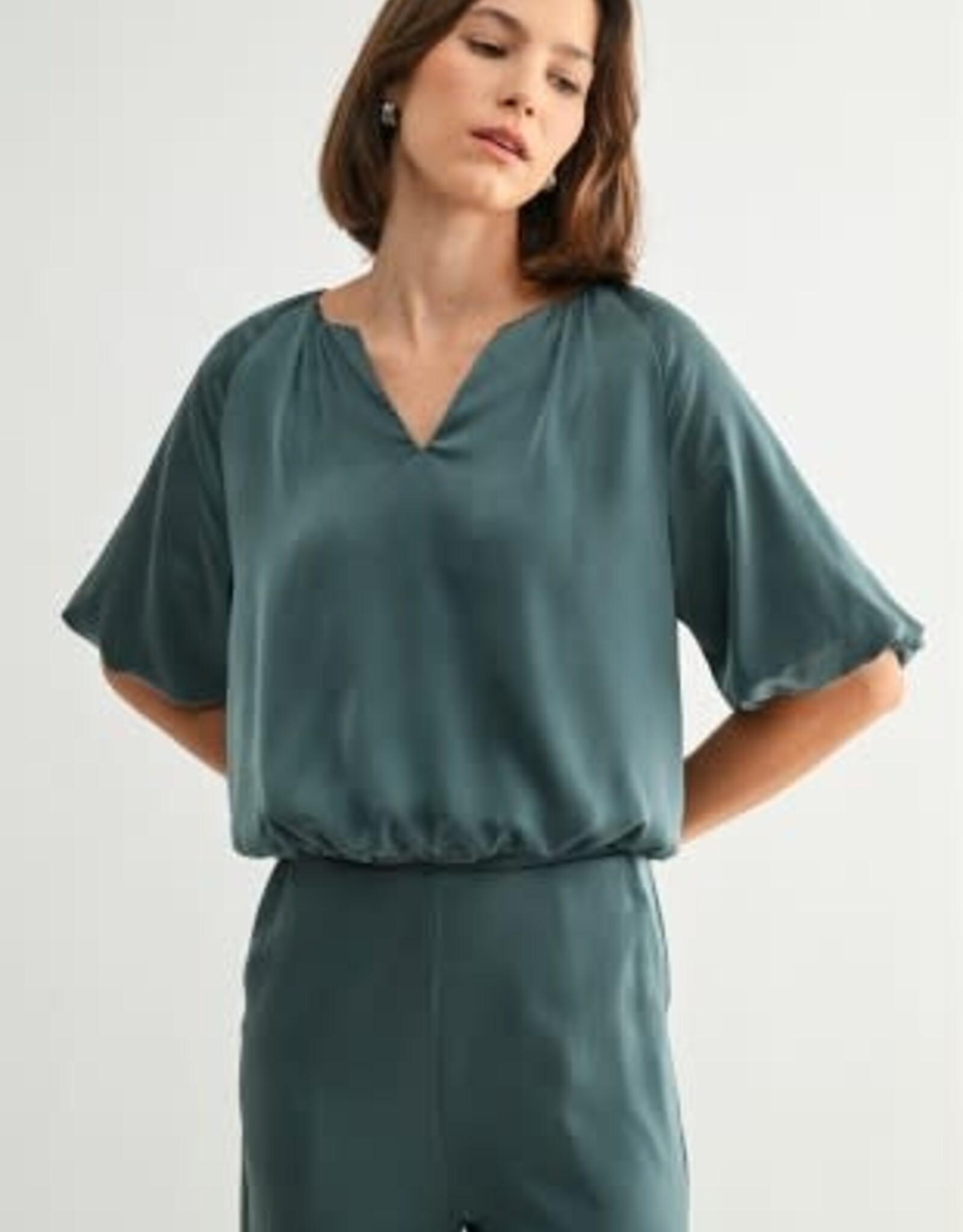 Miss Bliss F2F V Neck Balloon Sleeve Satin Top- Dark Green