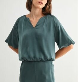 Miss Bliss Balloon Sleeve Satin Top- Dark Green