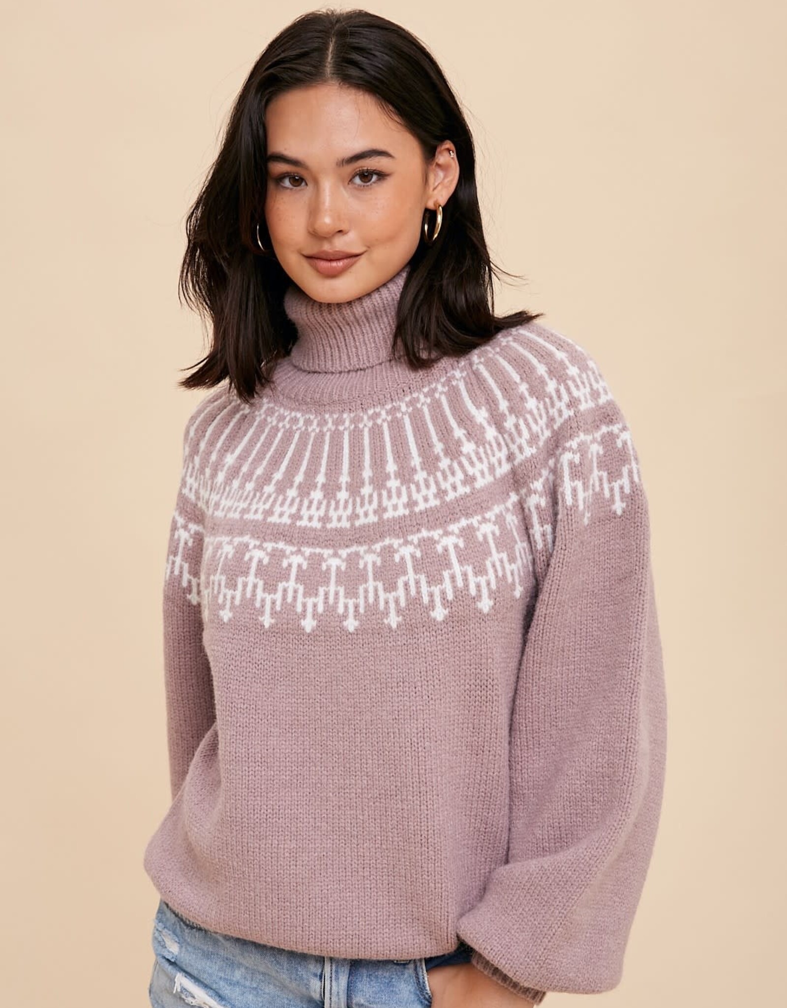 Miss Bliss Loom Fair Aisle Turtleneck Sweater-Cashmere