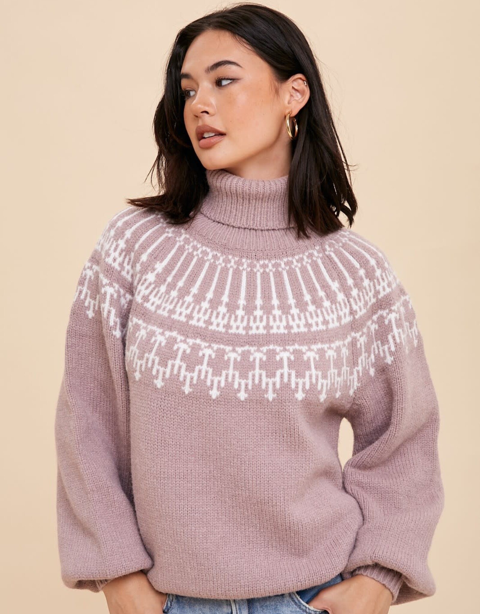 Miss Bliss Loom Fair Aisle Turtleneck Sweater-Cashmere