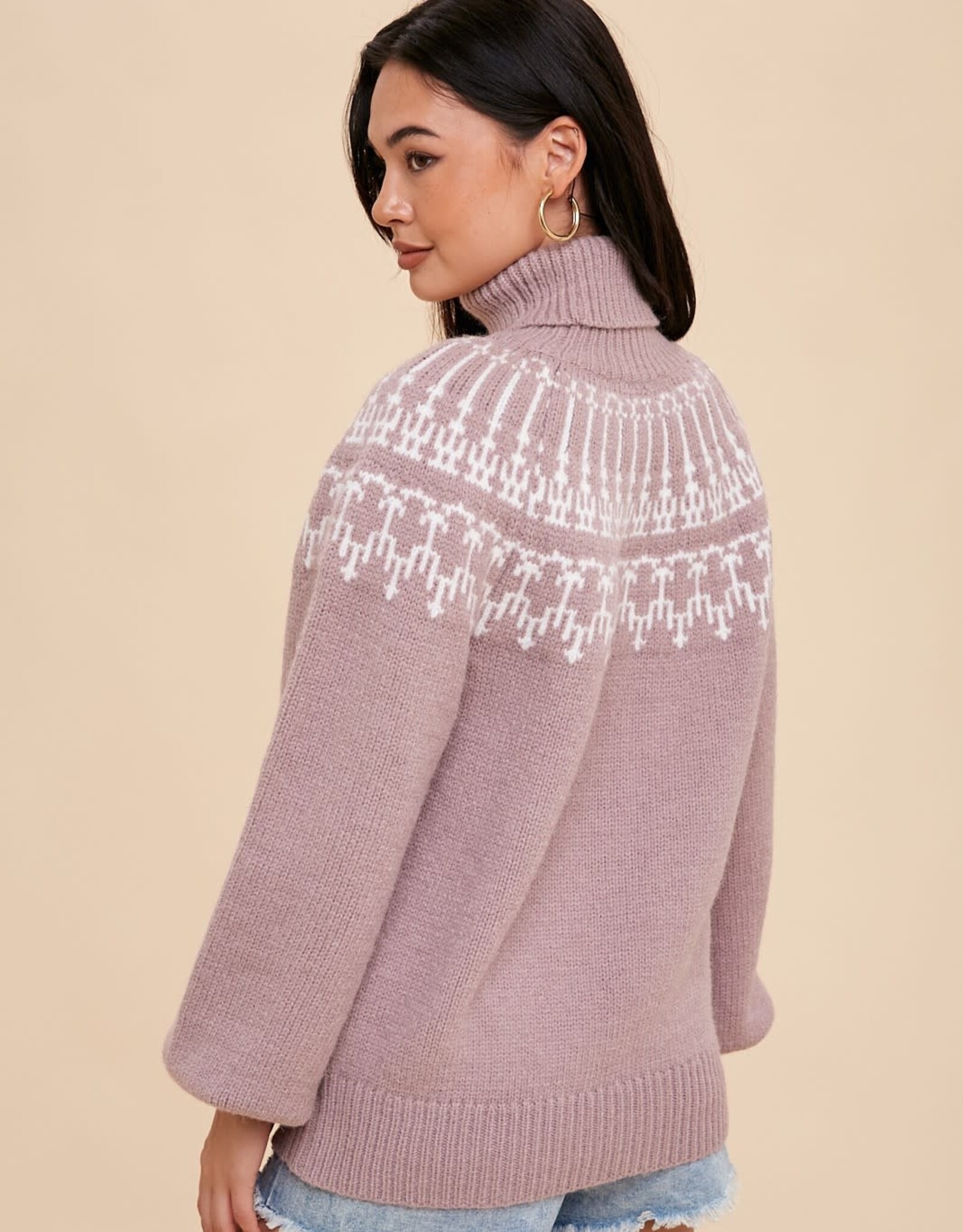 Miss Bliss Loom Fair Aisle Turtleneck Sweater-Cashmere