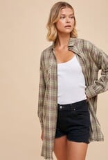 Miss Bliss Loom Button Up Plaid Shirt Dress-Camp Green