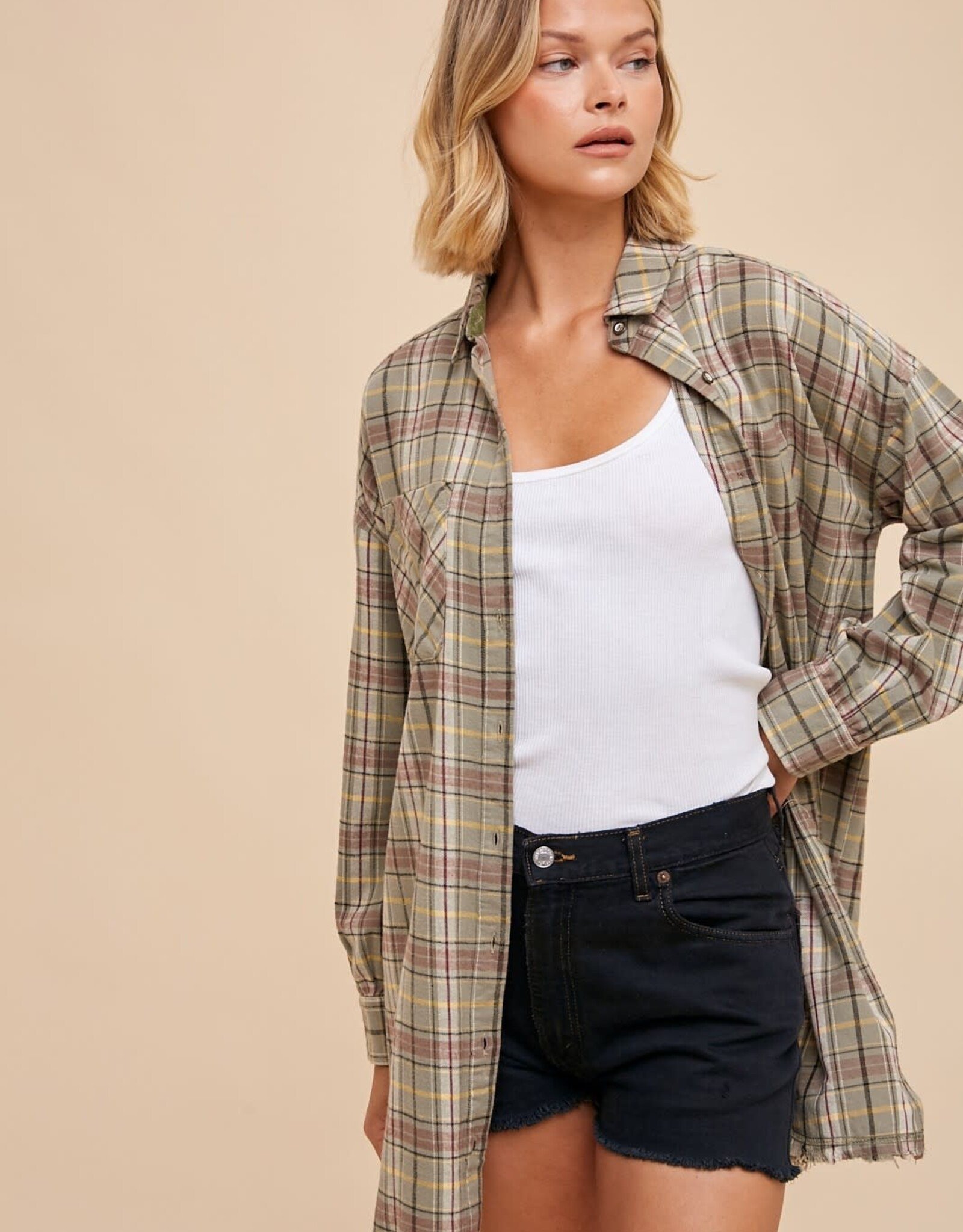 Miss Bliss Loom Button Up Plaid Shirt Dress-Camp Green