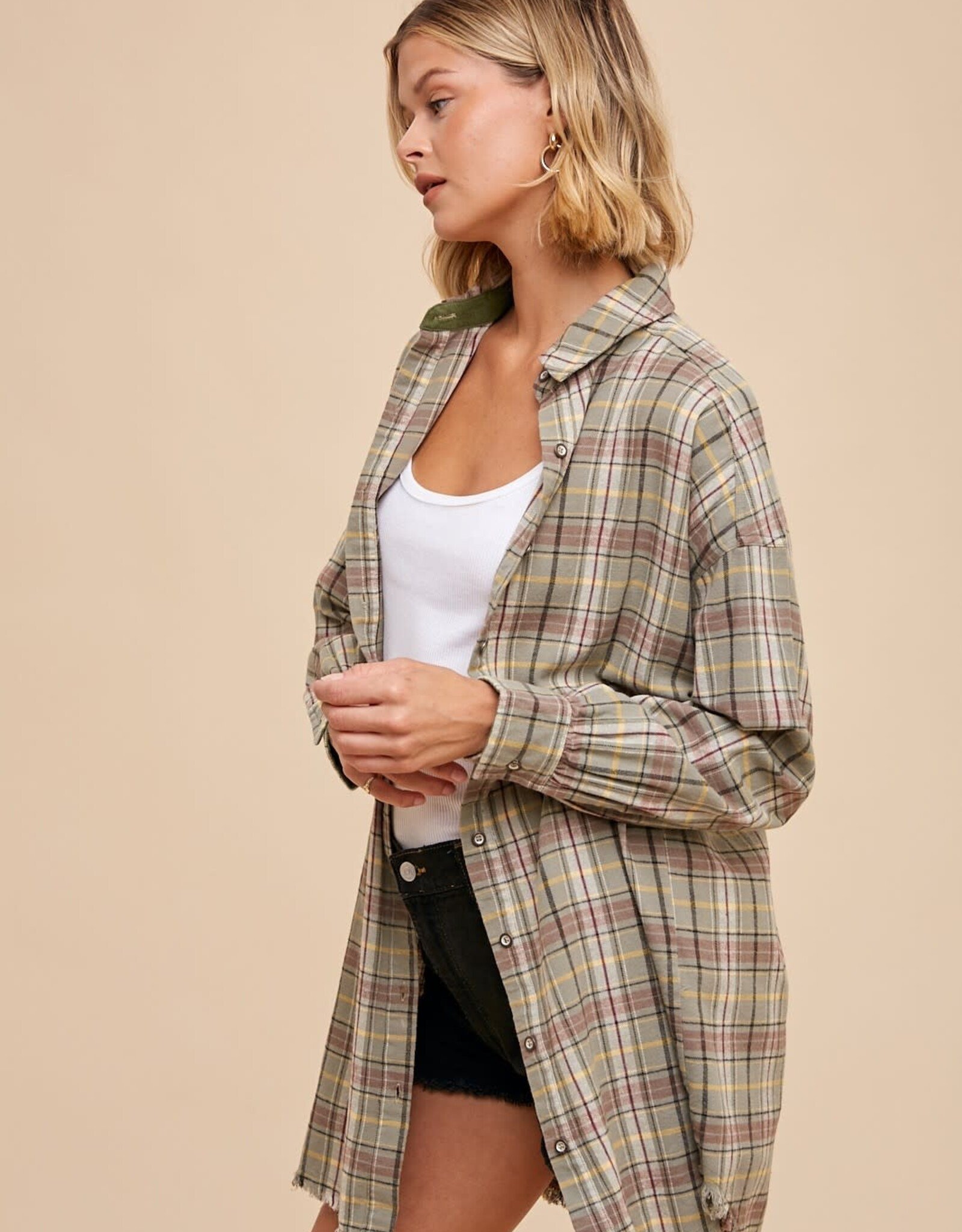 Miss Bliss Loom Button Up Plaid Shirt Dress-Camp Green