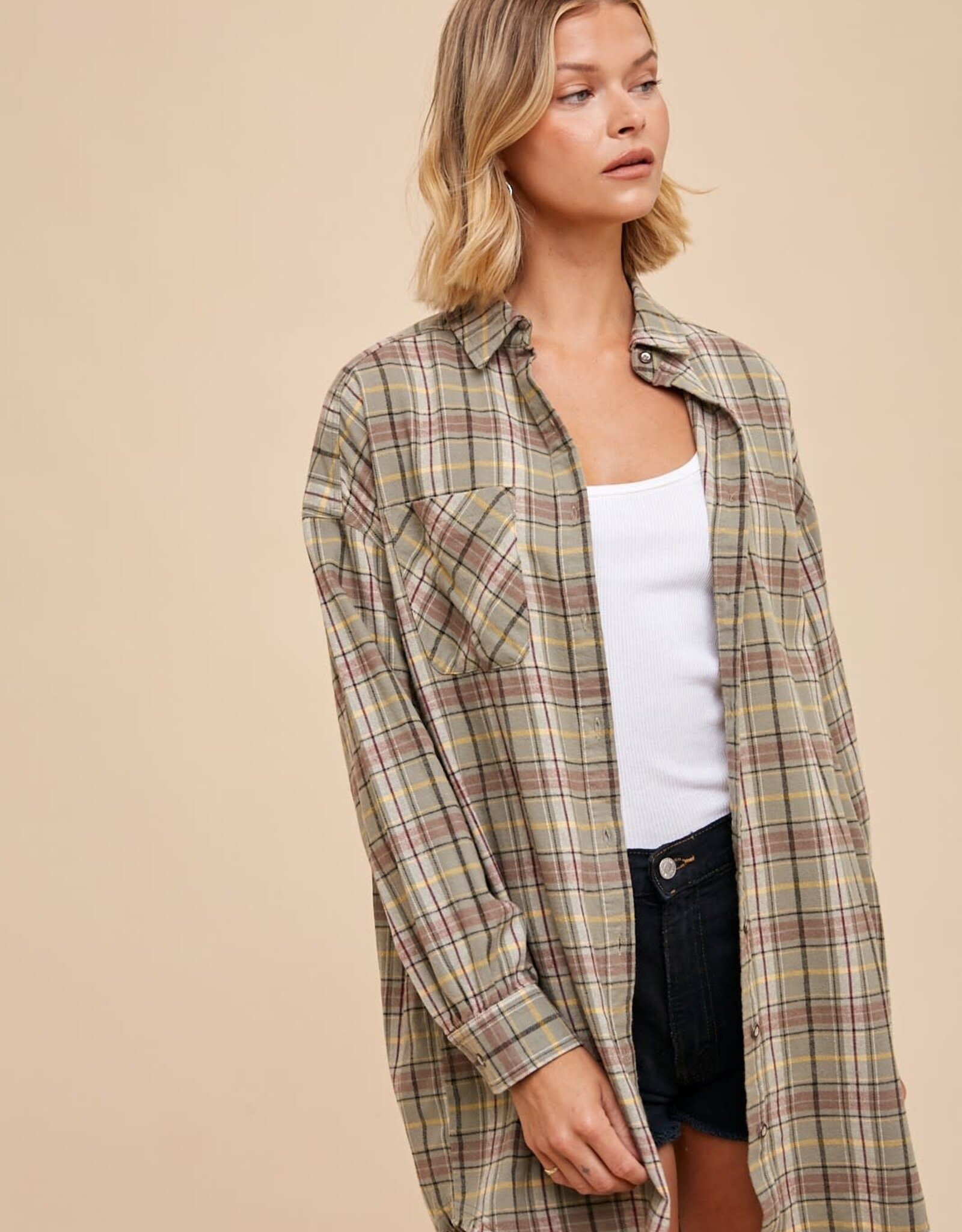 Miss Bliss Loom Button Up Plaid Shirt Dress-Camp Green