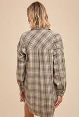 Miss Bliss Loom Button Up Plaid Shirt Dress-Camp Green