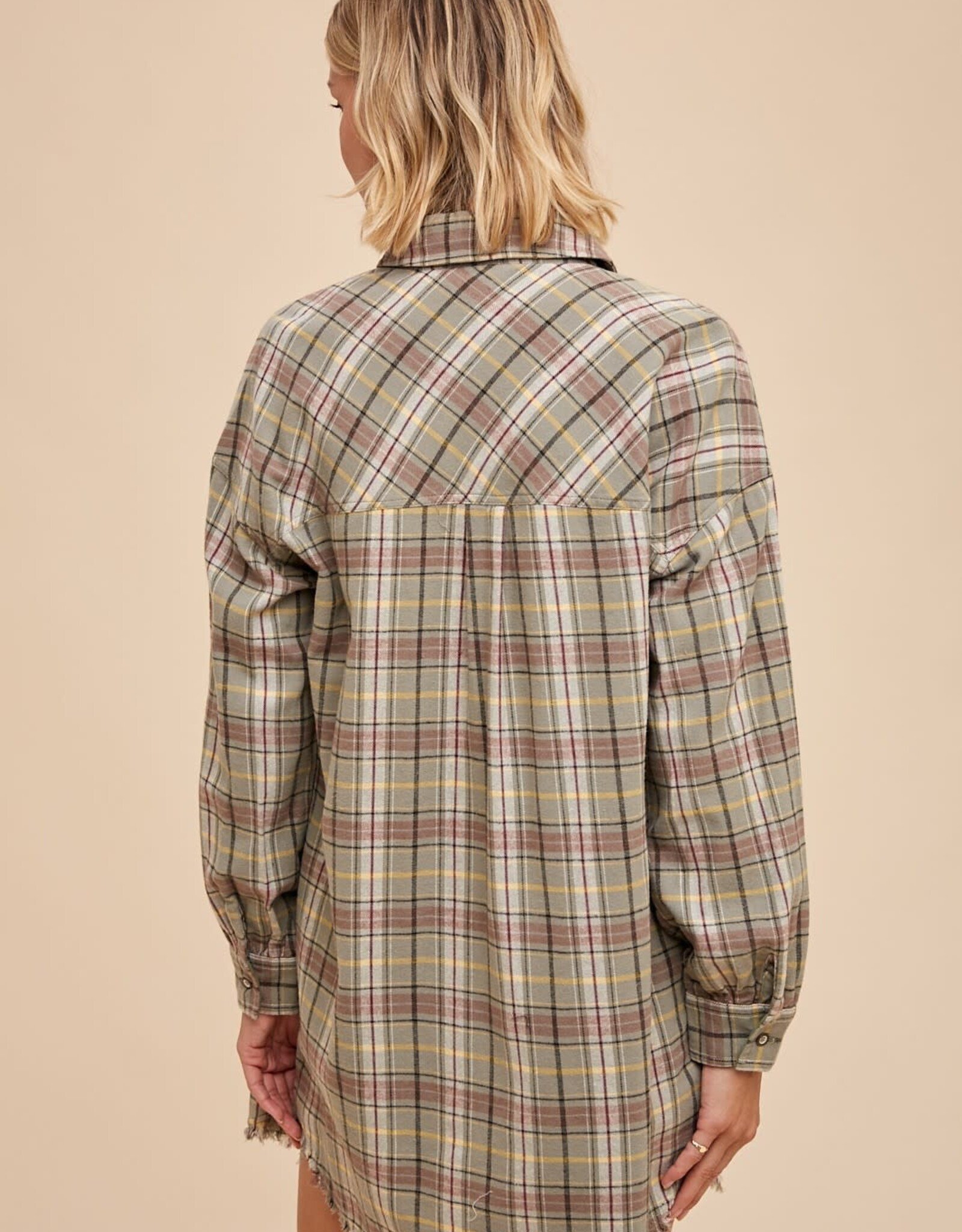 Miss Bliss Loom Button Up Plaid Shirt Dress-Camp Green