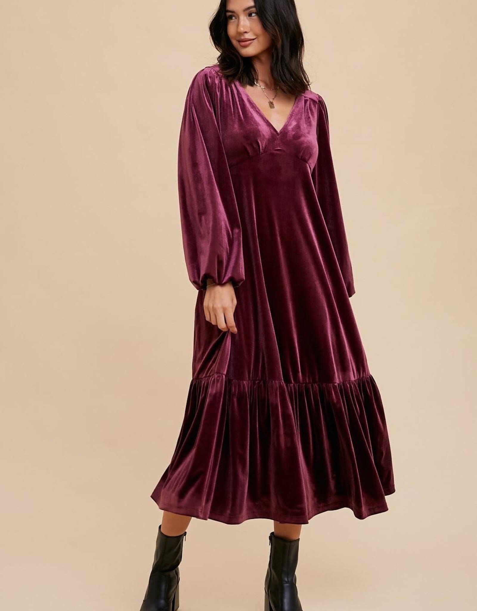 Miss Bliss Loom Velvet V Neck Maxi Dress-Sugar Plum