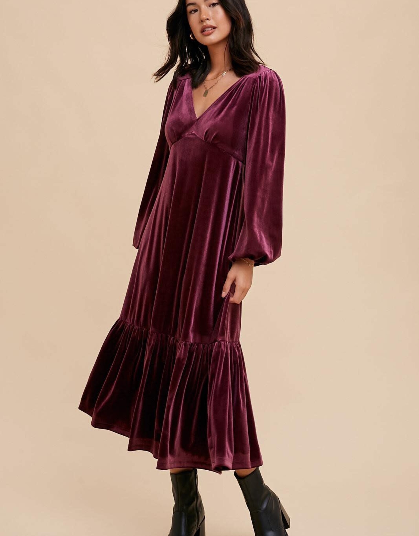 Miss Bliss Loom Velvet V Neck Maxi Dress-Sugar Plum