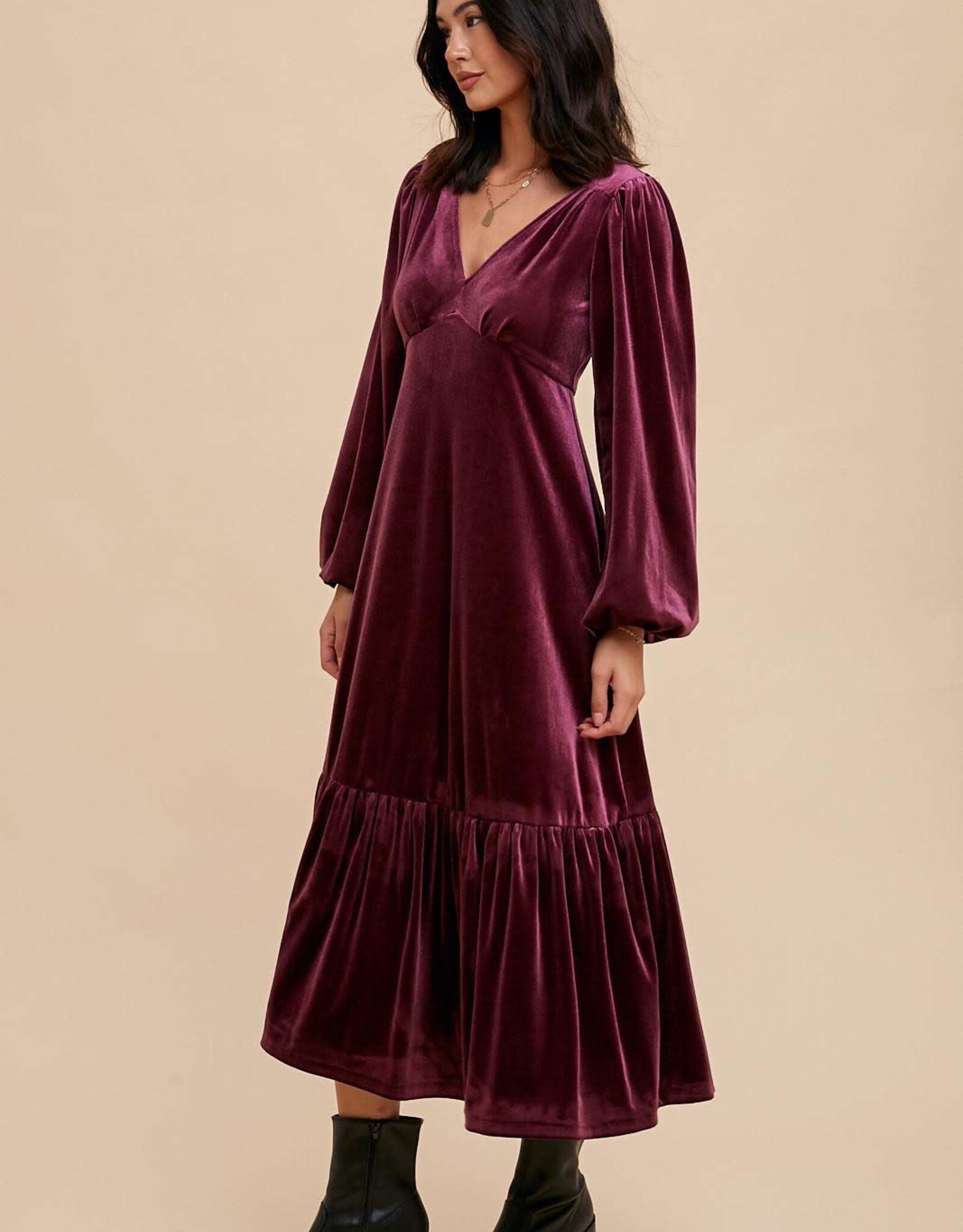 Miss Bliss Loom Velvet V Neck Maxi Dress-Sugar Plum