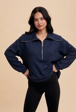 Miss Bliss Loom Exaggerated Lapel 1/4 Zip Pullover-Navy