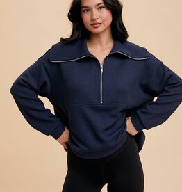 Miss Bliss Exaggerated Lapel 1/4 Zip Pullover-Navy