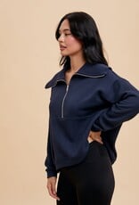Miss Bliss Loom Exaggerated Lapel 1/4 Zip Pullover-Navy