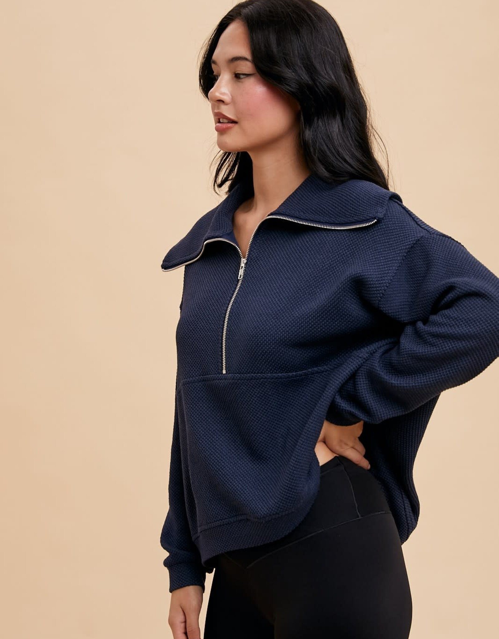 Miss Bliss Loom Exaggerated Lapel 1/4 Zip Pullover-Navy