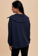 Miss Bliss Loom Exaggerated Lapel 1/4 Zip Pullover-Navy