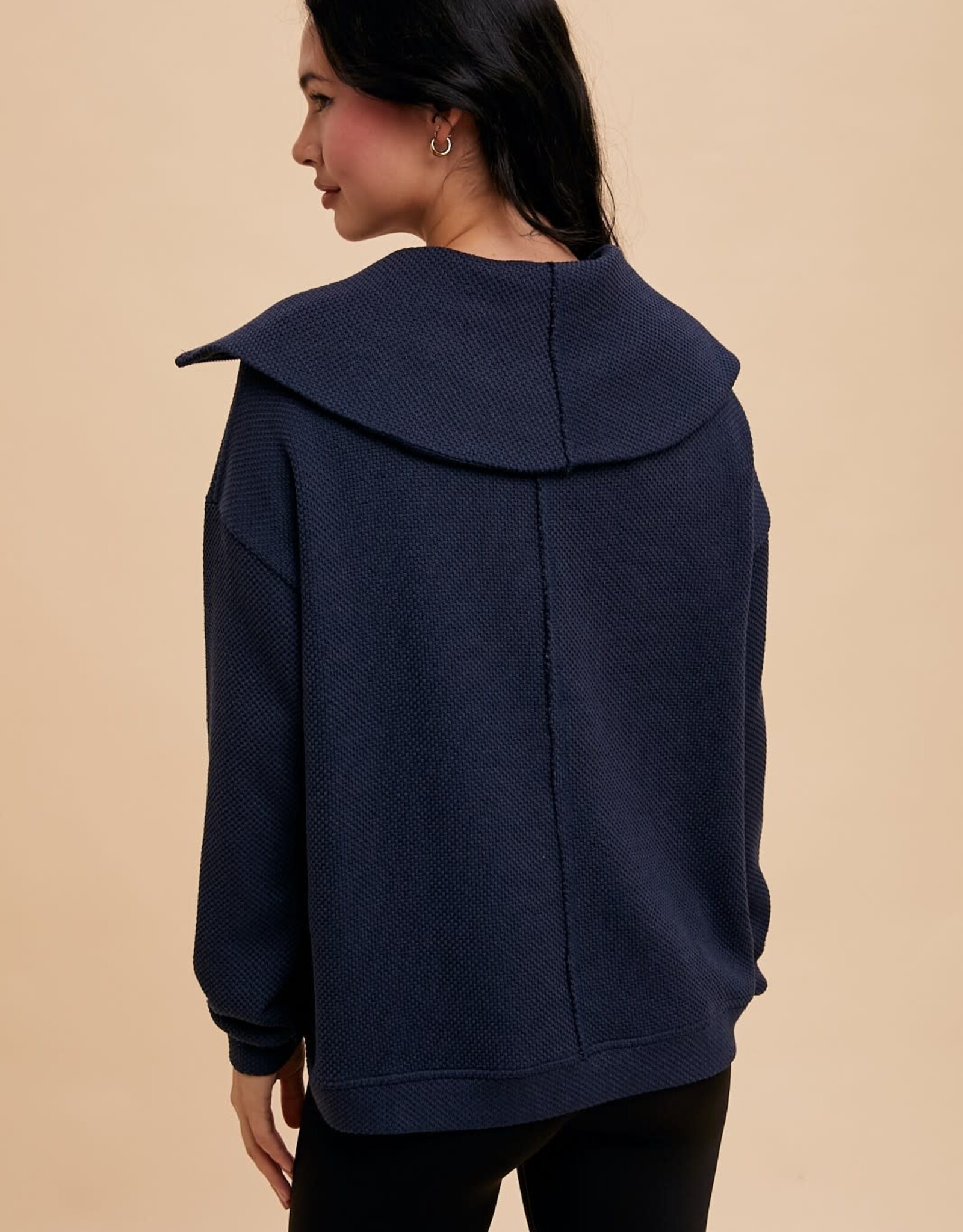 Miss Bliss Loom Exaggerated Lapel 1/4 Zip Pullover-Navy