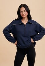 Miss Bliss Loom Exaggerated Lapel 1/4 Zip Pullover-Navy