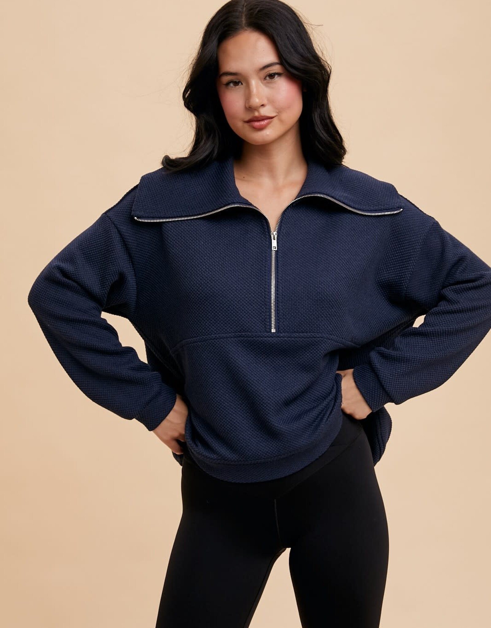 Miss Bliss Loom Exaggerated Lapel 1/4 Zip Pullover-Navy