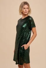 Miss Bliss Loom Sequin Mini Shift Dress-Evergreen
