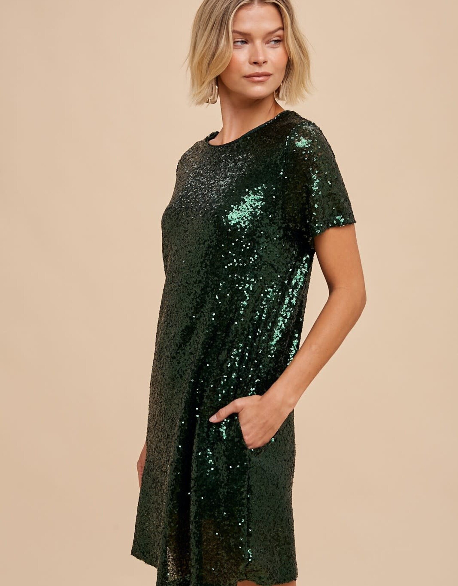 Miss Bliss Loom Sequin Mini Shift Dress-Evergreen