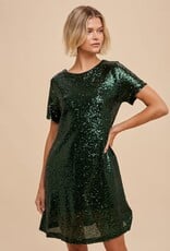 Miss Bliss Loom Sequin Mini Shift Dress-Evergreen