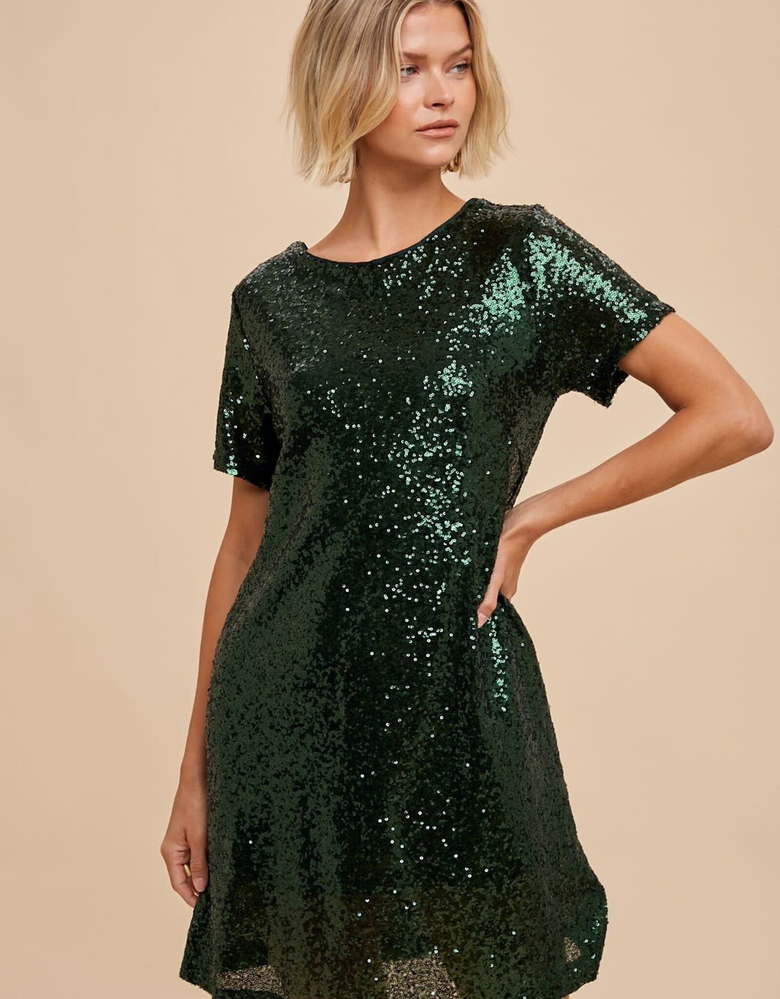 Miss Bliss Loom Sequin Mini Shift Dress-Evergreen