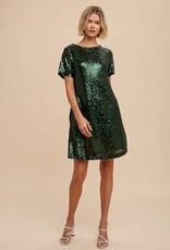 Miss Bliss Loom Sequin Mini Shift Dress-Evergreen