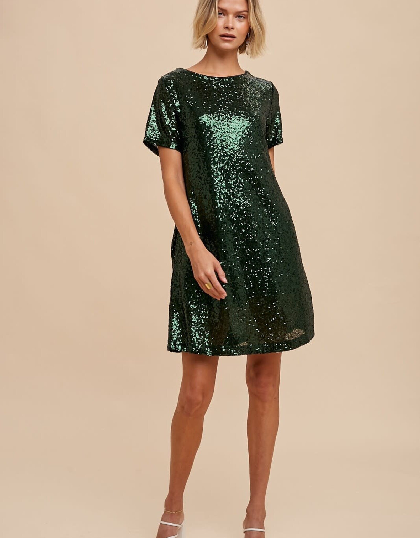 Miss Bliss Loom Sequin Mini Shift Dress-Evergreen