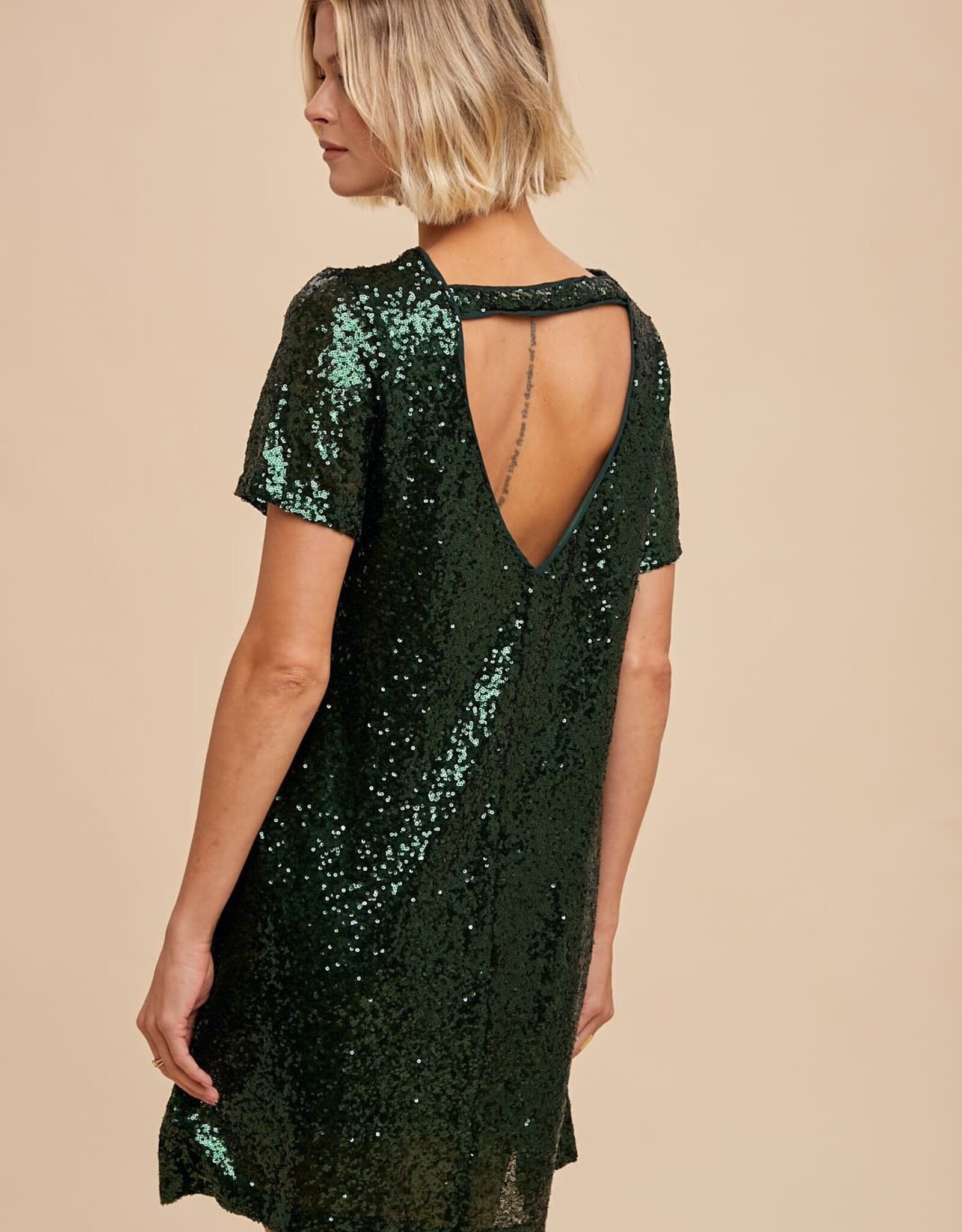 Miss Bliss Loom Sequin Mini Shift Dress-Evergreen
