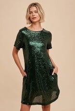 Miss Bliss Loom Sequin Mini Shift Dress-Evergreen