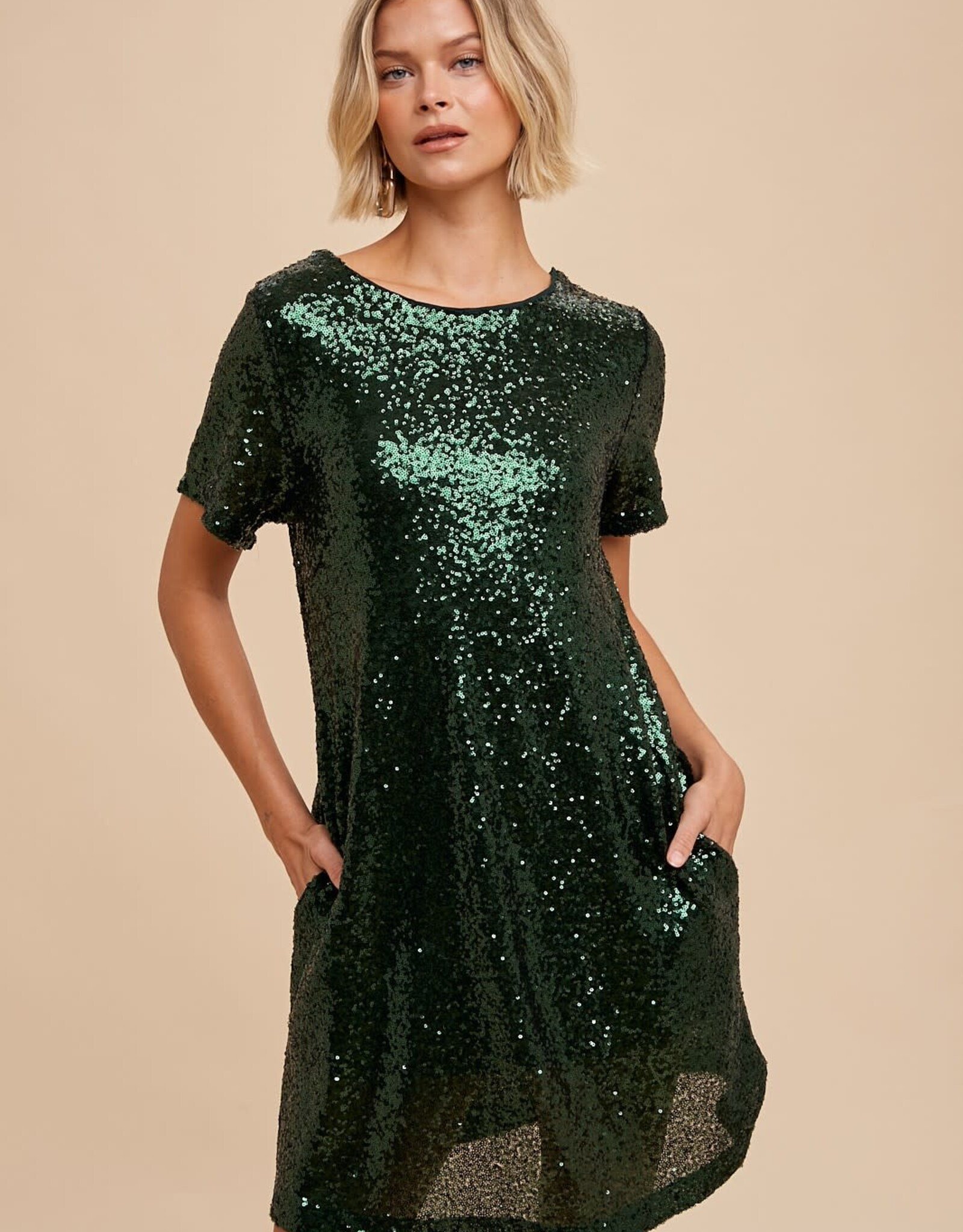 Miss Bliss Loom Sequin Mini Shift Dress-Evergreen