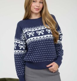 Miss Bliss Bow And Heart Jacquard Knit Pullover-Navy