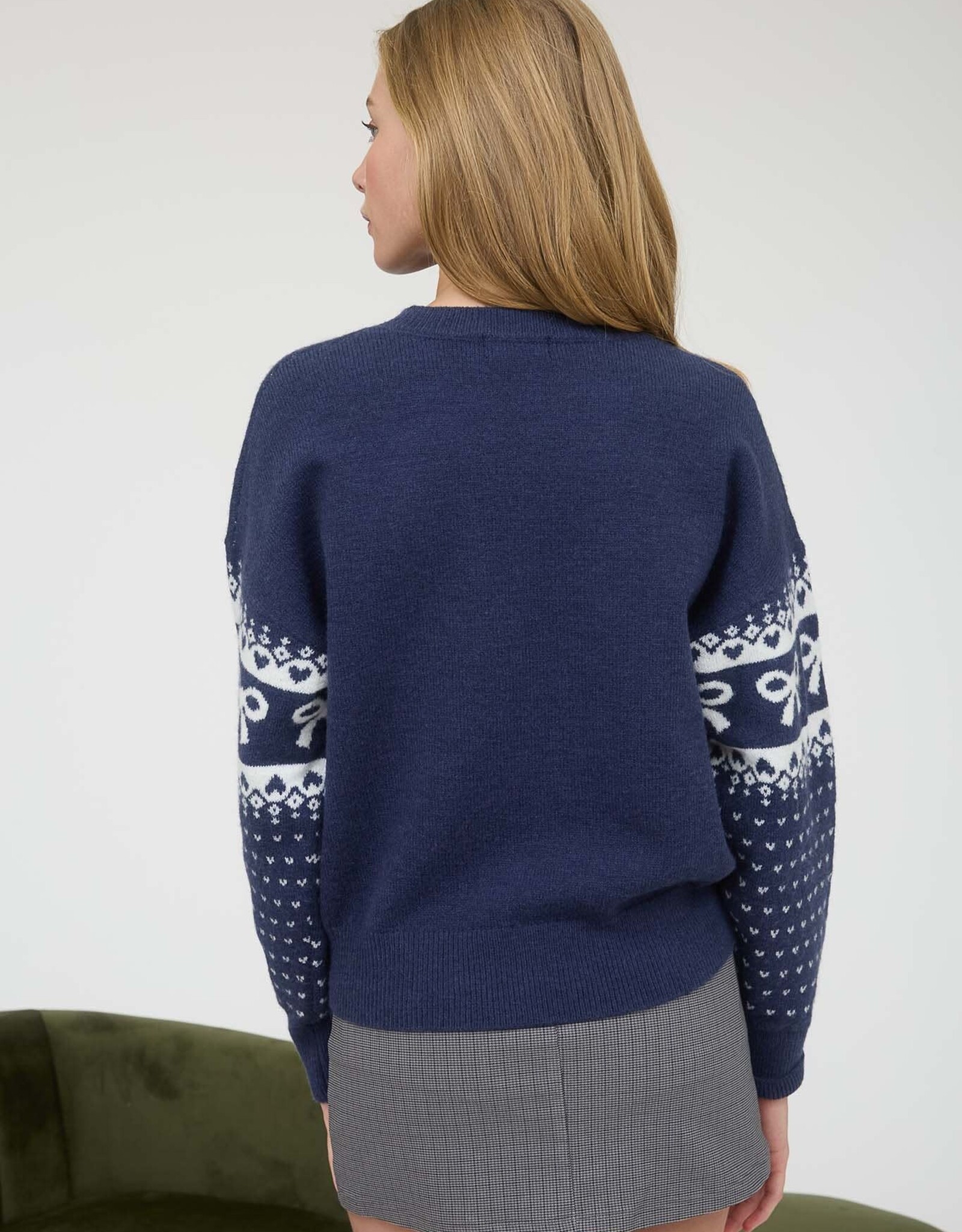 Miss Bliss Blu Bow And Heart Jacquard Knit Pullover-Navy