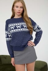 Miss Bliss Blu Bow And Heart Jacquard Knit Pullover-Navy