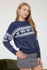 Miss Bliss Blu Bow And Heart Jacquard Knit Pullover-Navy