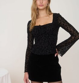 Miss Bliss Velvet Floral Print Long Sheer Slv Knit Top-Black