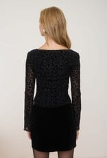 Miss Bliss Blu Velvet Floral Print Long Sheer Slv Knit Top-Black