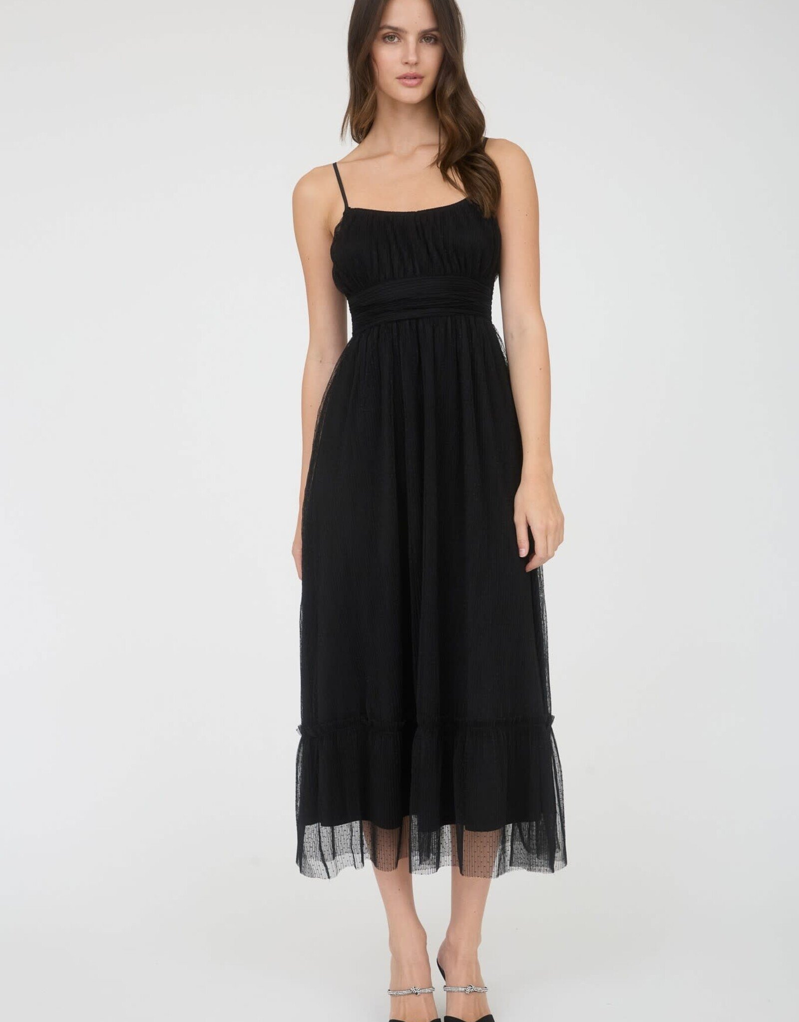 Miss Bliss Blu Polka Dot Tulle Strap Midi Dress-Black