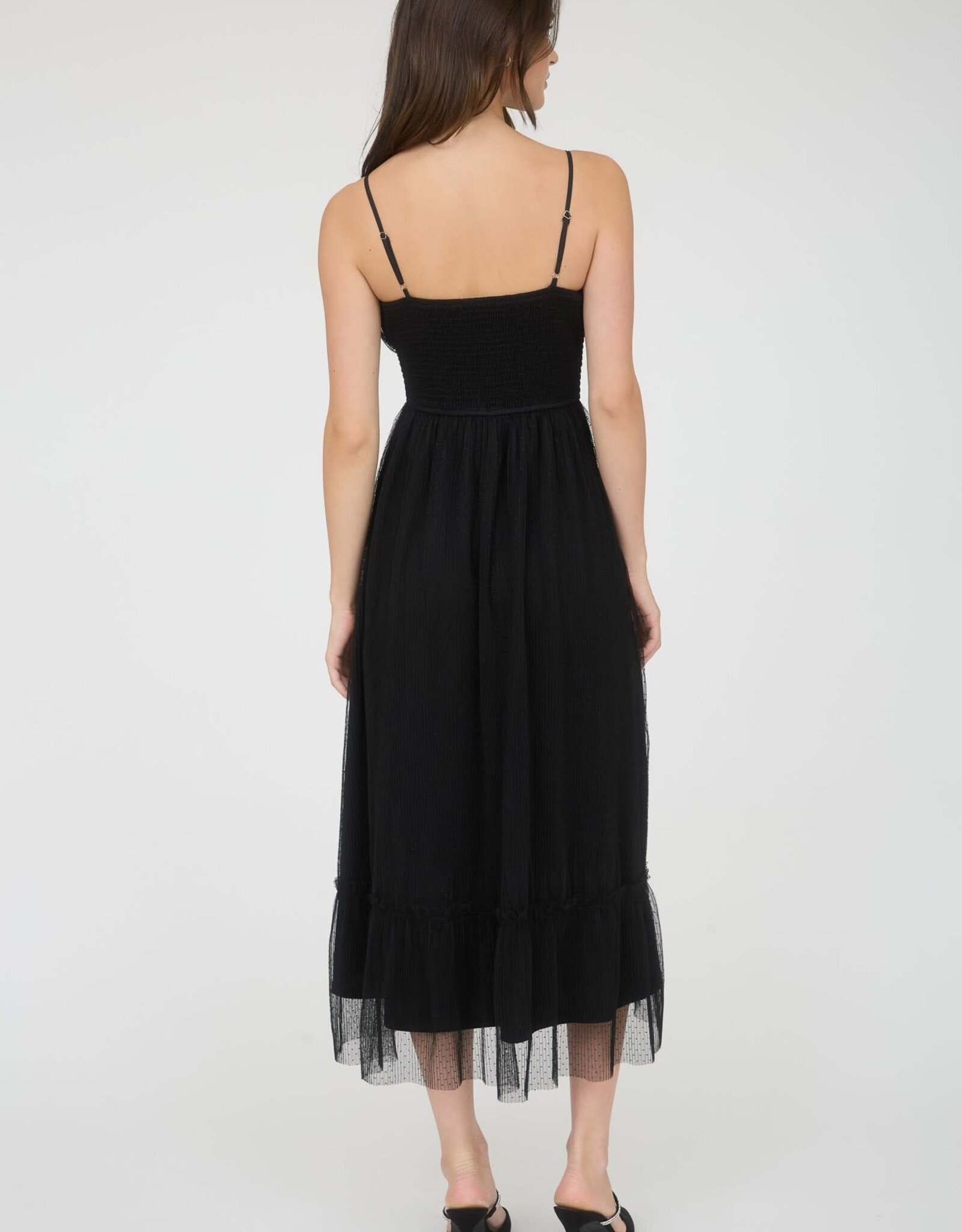 Miss Bliss Blu Polka Dot Tulle Strap Midi Dress-Black