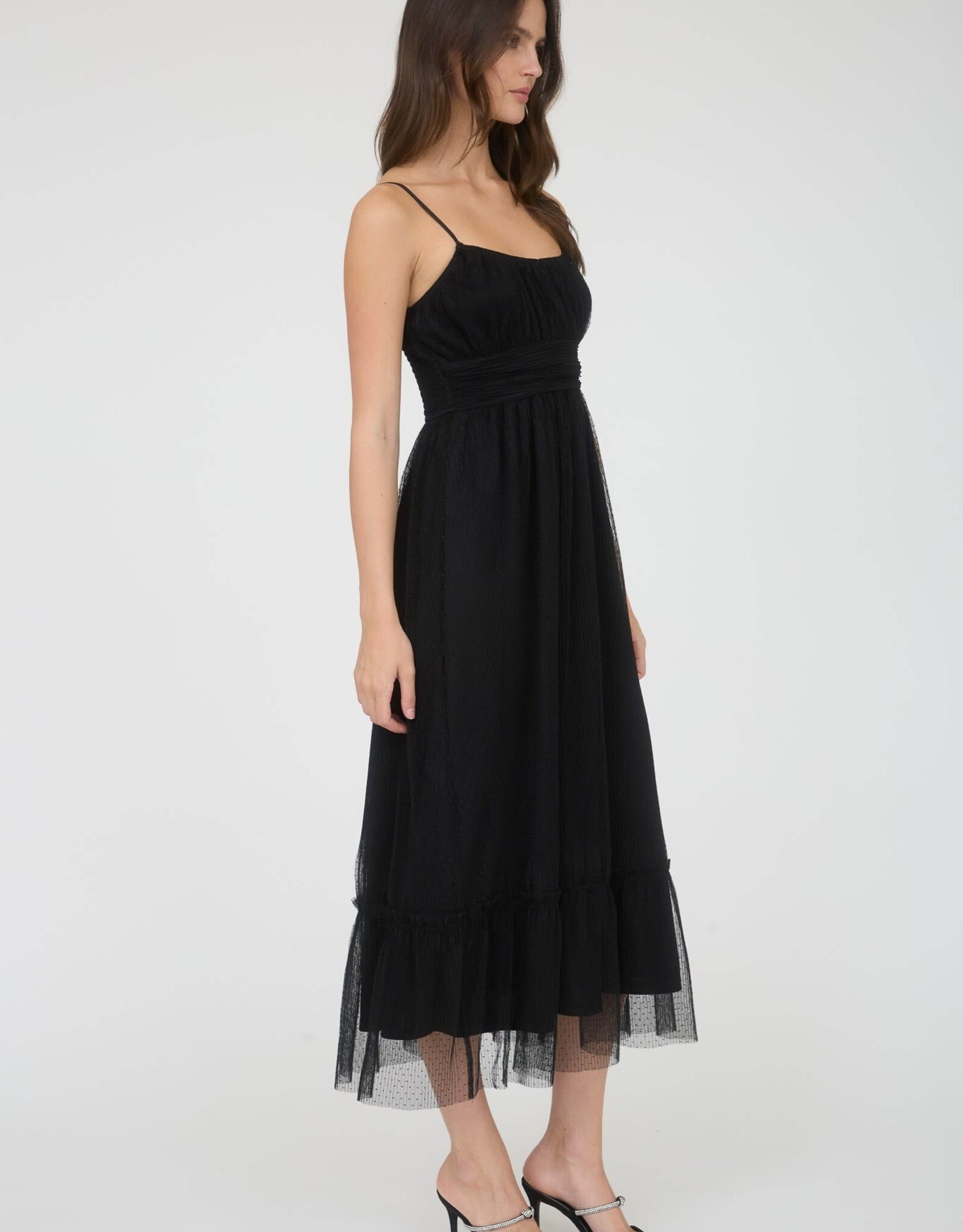 Miss Bliss Blu Polka Dot Tulle Strap Midi Dress-Black