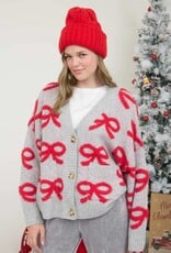 Miss Bliss Blu Bow Pattern Button Down Knit Cardi-Heather G