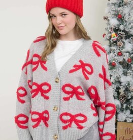 Miss Bliss Red Bow Button Down Knit Cardi-Heather Grey
