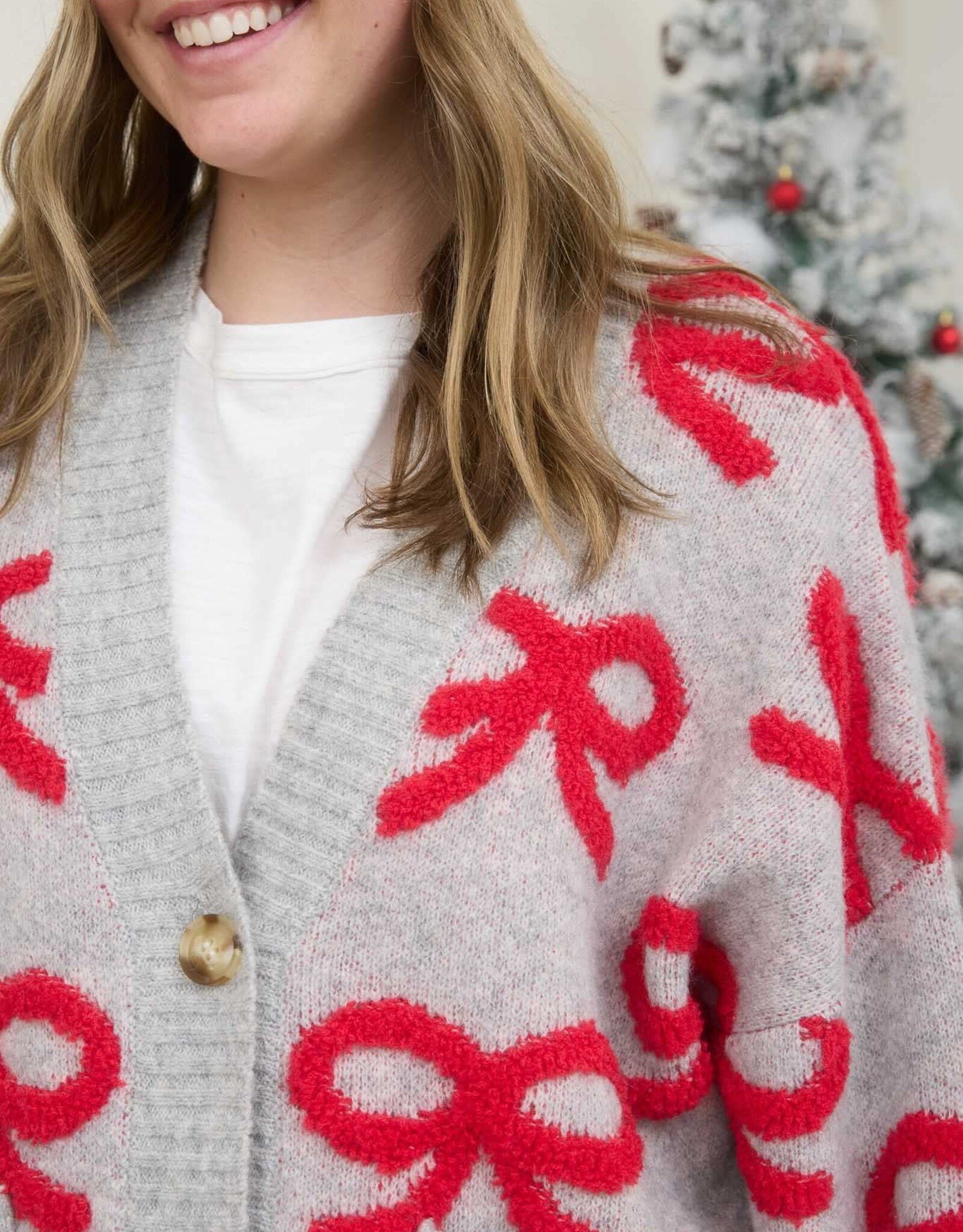 Miss Bliss Blu Bow Pattern Button Down Knit Cardi-Heather G